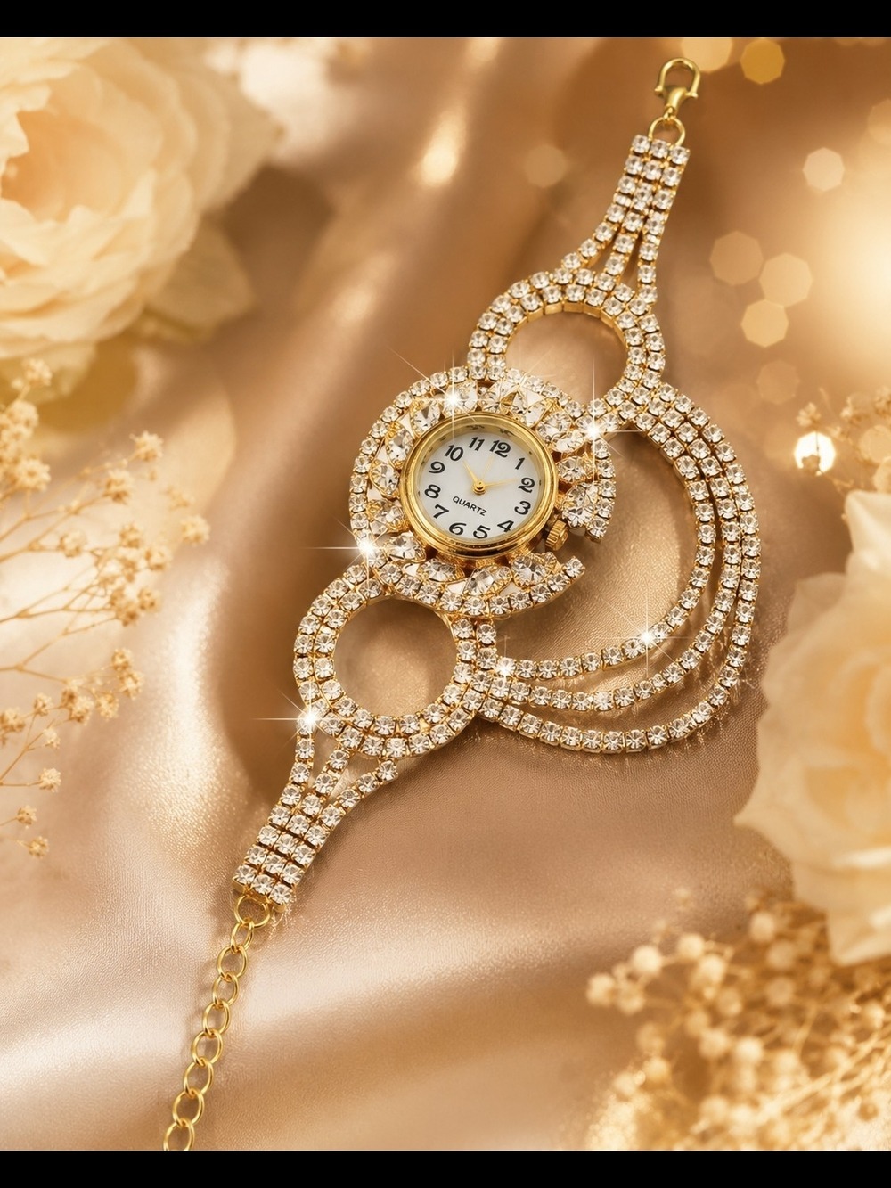 Women Gold Crystal Bracelet Watch Accessories- Battery Included